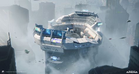 Arena Concept Art, Mech Arena, Sci Fi Landscape, Cyberpunk Rpg, Battle Arena, Cinematic Trailer, Notes Art, Robot Design, Digital Art Illustration