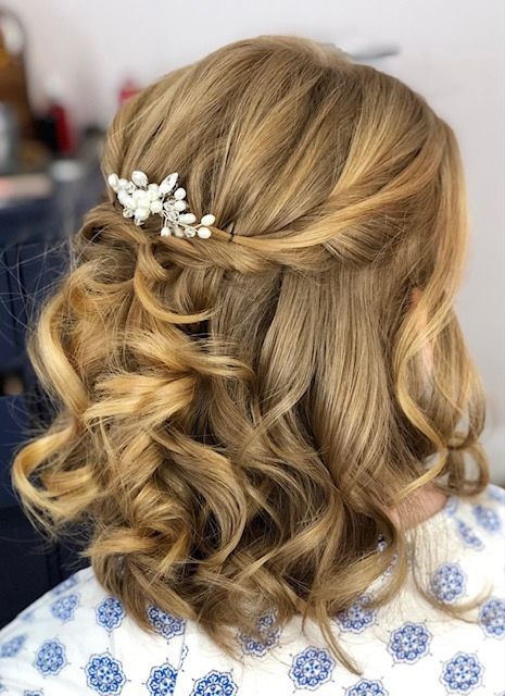 Fancy Mid Length Hairstyles, Bridal Hair Half Up Half Down Mid Length, Lob Hairdos Half Up, Wedding Hairstyles For Mid Length Hair Half Up Half Down, Ball Hairstyles Shoulder Length, Mid Length Hair Curls Wedding, Bridal Hairstyles Half Up Half Down Short Hair, Mother Of The Bride Hair Styles For Shoulder Length Hair, Half Up Half Down Shorter Hair