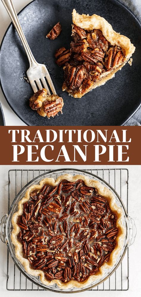 Homemade Pecan Pie features a flaky buttery crust with gooey, crunchy, and rich brown sugar toasted pecan filling. The best from-scratch, simple Thanksgiving dessert! Tastes like the classic Southern pie! Great for a crowd. #pecanpie #pierecipe #thanksgivingpies Pie Crust Recipe For Pecan Pie, Egg Free Pecan Pie, Pecan Pie Recipe Martha Stewart, Southern Pie Recipes, Pecan Pies Recipes, Pecan Pie Crust Recipe, Old Fashioned Pecan Pie Recipe, Pecan Galette, Homemade Thanksgiving Desserts