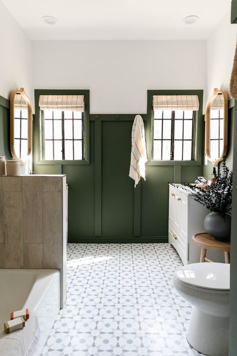 Aesthetic Bathroom Decor, Moody Bathroom, Rental Bathroom, 20 Aesthetic, Peel And Stick Floor, Board And Batten Wall, Aesthetic Bathroom, Beige Bathroom, Green Walls