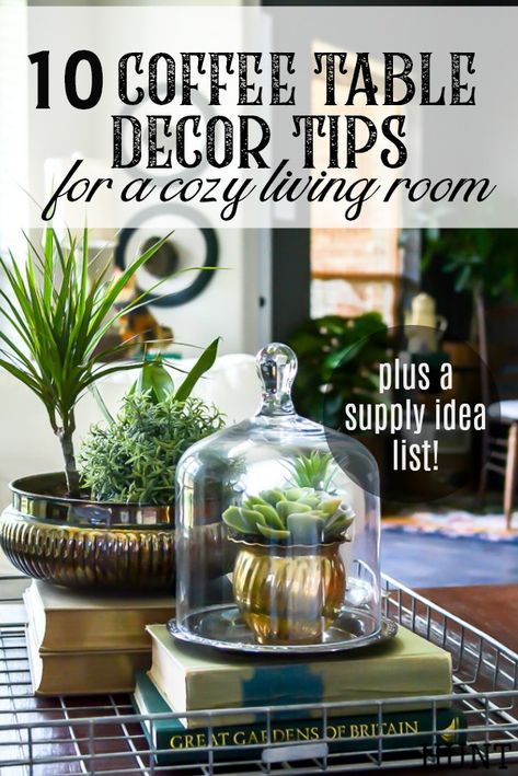 Grab these coffee table decor ideas for a cozy living room. This post is awesome, it has a list of must have elements for cozy coffee table styling plus a list of supply ideas for your cozy coffee table to be magazine worthy! #coffeetablestyle #coffeetabledecor #vignettestyling #decortips #decorating101 #decoratingtips #cozylivingroom #livingroomdecor #coffeetabledecorideas Cute Coffee Table Ideas, Decorating Large Coffee Table Ideas, Small Table Decor Living Room, Styling Trays Coffee Tables, Large Coffee Table Styling Rectangle, Staging A Coffee Table, Functional Coffee Table Decor, Living Room Center Table Decor Ideas, Decorating A Coffee Table Ideas