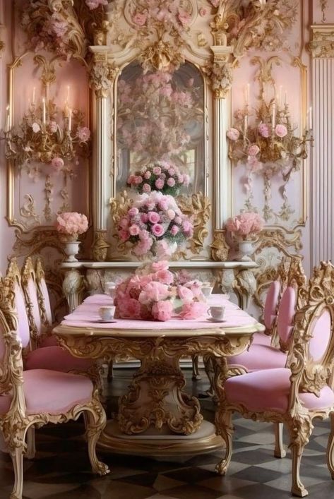 Coquette House, Coquette Aestethic, Room Coquette, Bridgerton Theme, Rococo Interior, Dining Room Decor Ideas, Tout Rose, Luxury House Interior Design, Pink Home Decor