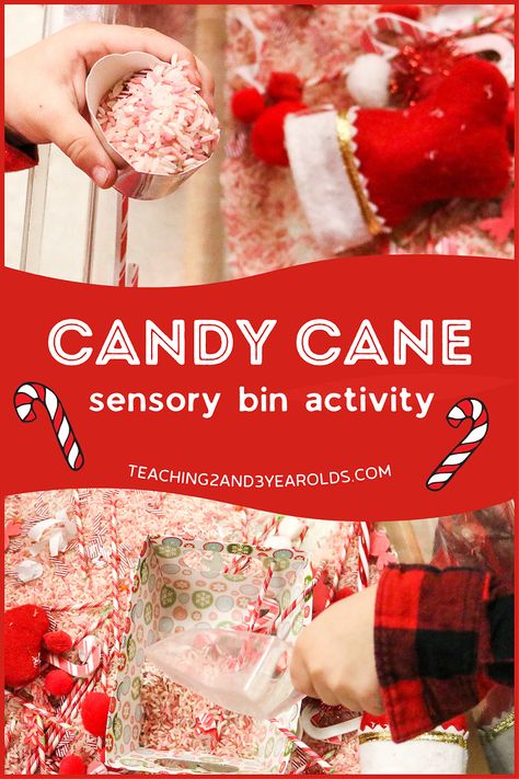 Put together a cheerful candy cane Christmas sensory bin and invite your toddlers and preschoolers to enjoy some hands-on fun! #candycane #Christmas #sensorybin #play #earlylearning #toddlers #preschool #teaching2and3yearolds Candy Cane Sensory Bin, Preschool Candy Cane Activities, Candy Cane Sensory Play, Christmas Process Art, Candy Cane Ideas, Valentines Toddler Activities, Christmas Sensory Bin, Christmas Projects For Kids, Christmas Science Activities