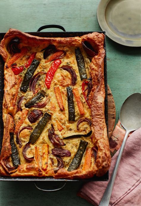 Roasted vegetable toad in the hole | House & Garden Leftover Vegetables, Toad In The Hole, Vegan Cheddar, Winter Comfort Food, Roasted Vegetable, Savory Pie, Garden Recipes, Green Chilli, British Food