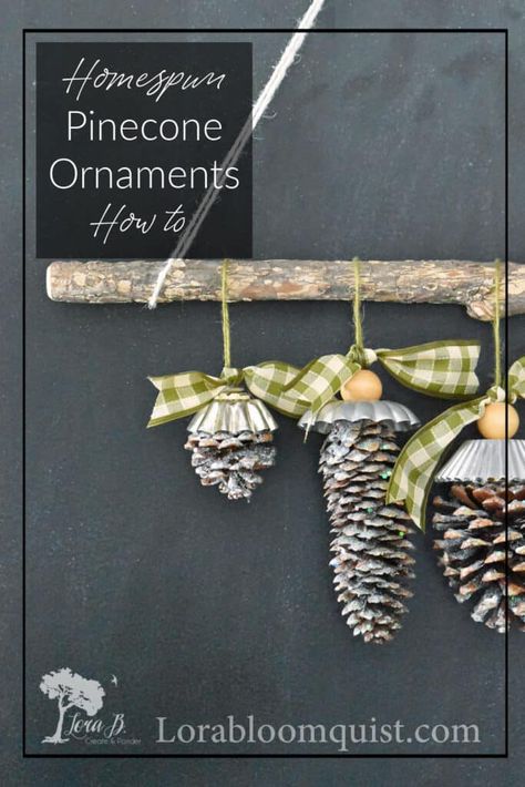 Make these simple DIY Pinecone Ornaments as sweet homespun holiday decor. Perfect to hang on the Christmas tree or a simple branch to add a touch of pretty texture. #how-to #holidayDIY #Christmasornament #crafting #holidaycrafting #making #pineconeideas #vintageinspired Diy Pinecone Ornaments, Tree Branch Ornaments, Diy Pinecone, Thrift Store Decor, Easy Diy Decor, Diy Christmas Tree Ornaments, Pinecone Ornaments, Pine Cone Decorations, Christmas Tree Inspiration