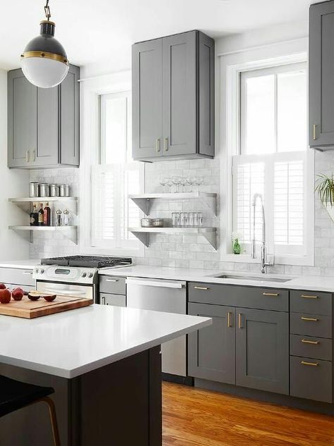 Gray kitchen cabinet color with white trim and white countertops Farmhouse Colors, Rustic Farmhouse Kitchen Cabinets, Серая Кухня, Herringbone Backsplash, Gray Cabinets, Farmhouse Kitchen Cabinets, Kitchen Cabinets Decor, Gray Kitchen, Rustic Farmhouse Kitchen