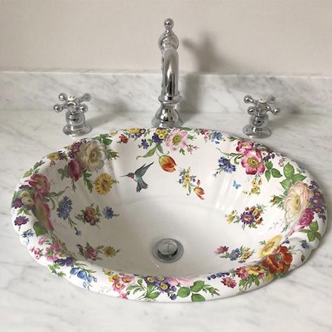 Floral Bathroom Sink, Hand Painted Bathroom Sinks, Fun Bathroom Sink, Pretty Sinks, Painted Bathroom Sink, Flower Sink, Floral Sink, Decorated Bathroom, Painted Sink