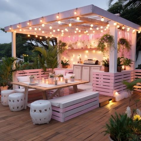 Pink Patio Ideas, Pink Backyard Decor, Bedroom Aesthetics, Outdoor Seating Area, Backyard Seating, Backyard Remodel, Outdoor Decor Backyard, Backyard Makeover, Outdoor Patio Decor