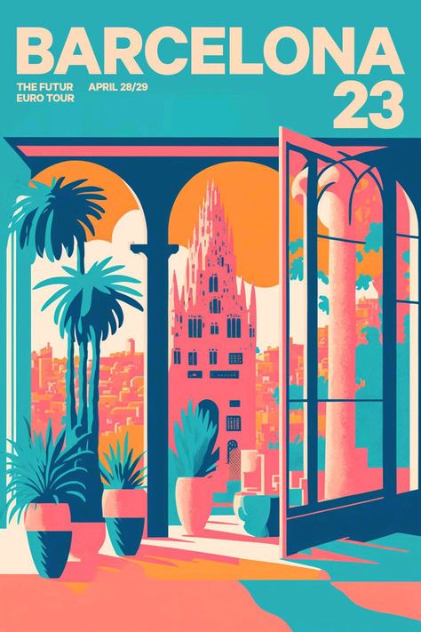 Barcelona Travel Poster, Illustration Design Graphique, Miami Art Deco, Wanderlust Decor, Travel Stamp, Creative Website Design, Art Deco Illustration, Retro Travel Poster, Watercolor Art Lessons