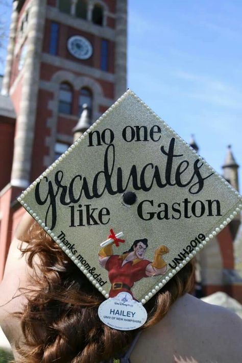 Disney Gaston Grad Cap Disney Gaston, Grad Caps, Thanks Mom, Grad Cap, Graduation Party, Mom And Dad, Novelty Sign, Disney