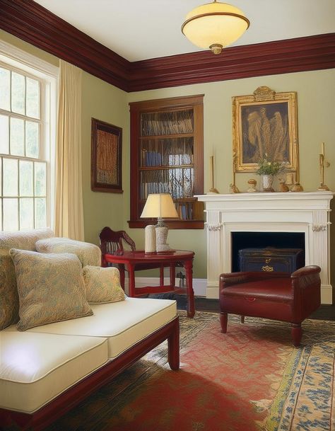 Mid-Century Colonial American Colonial Living Room, Colonial Living Room Ideas, Modern Colonial Living Room, Colonial Revival Interior, Mid Century Colonial, Office Bedroom Ideas, White Couch Living Room, Cathedral Ceiling Living Room, Colonial Chic