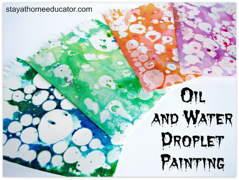 Oil and water droplet painting is a fun fine motor activity in addition to process art for preschoolers! Water Droplet Painting, Gamle T Shirts, Art Project For Kids, Crafts For Teens To Make, Creation Art, Oil And Water, Craft Kids, Project For Kids, Water Art