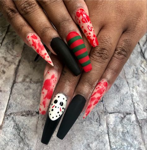 Freddy And Jason Nails, Freddie Kruger Nails, Micheal Myers Nail Designs, Halloween Nails Freddy Kruger, Halloween Nails Jason, Jason Halloween Nails, Jason Voorhees Nails, Jason Nails Halloween, Freddy Nails