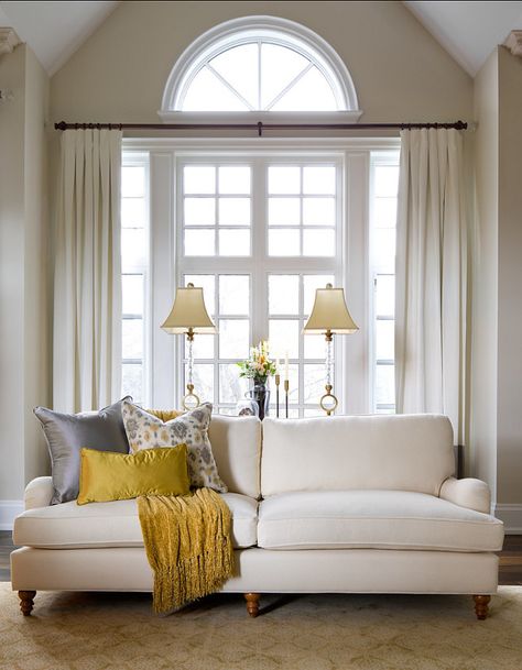 Design-by-Jane-Lockhart Difficult Windows | Laurel Home Arched Window Treatments, Classy Living Room, Room Curtains, Trendy Living Rooms, Curtains Living, Living Room Windows, Living Room Decor Apartment, Living Room Grey, A Living Room