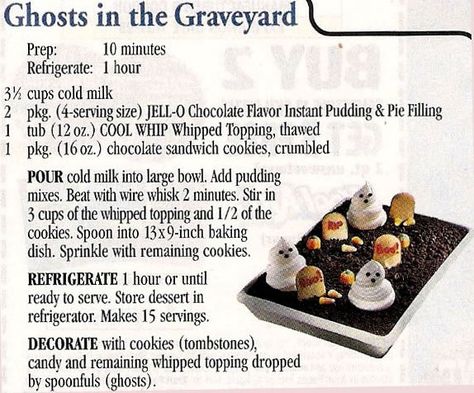 Graveyard Dessert, Ghost In The Graveyard, Ghosts In The Graveyard, Pudding Pie Filling, Halloween Lunch, Holiday Eating, Chocolate Sandwich Cookies, Health Dinner Recipes, Vintage Recipes