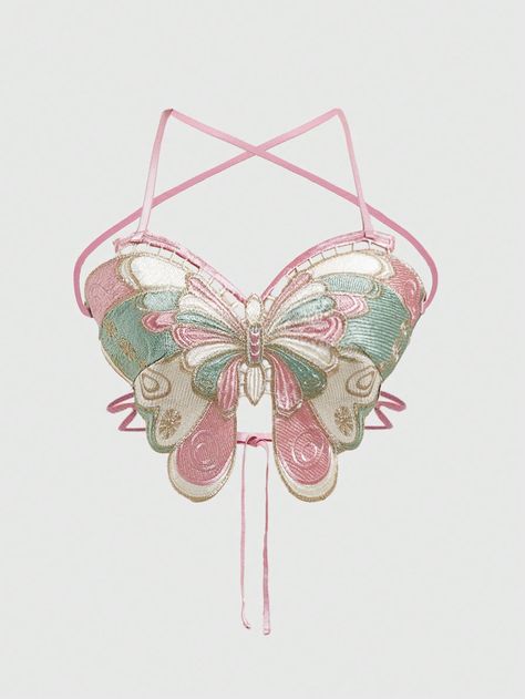 Pink Party Collar  Embroidery Figure,Plain,Butterfly Cami Embellished Non-Stretch Summer Women Clothing Shein Butterfly Top, Butterfly Shaped Top, Butterfly Top Outfit, Top Borboleta, Pink Butterfly Top, Top Mariposa, Bug People, Transparent Outfit, Green Fairy Wings