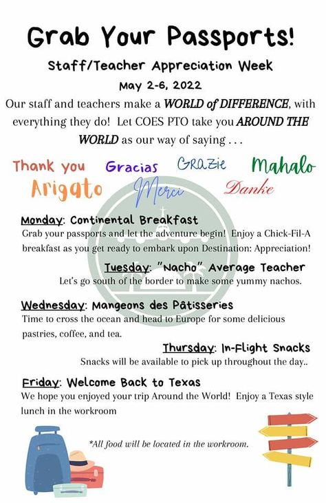 Pta Organization, Teacher Appreciation Week Themes, Teacher Appreciation Luncheon, Childcare Teacher, Teacher Appreciation Themes, Teacher Morale, School Spirit Days, Workplace Quotes, Around The World Theme