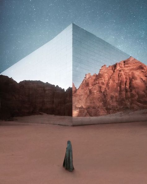 Mirrored Building, Desert Mirage, Desert Glass, Glass Structure, Saudi Arabia, Brutalism, Land Art, Maui, Digital Image