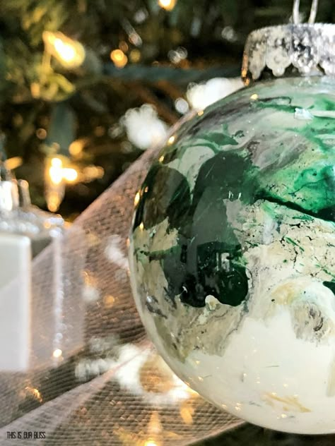 DIY Dollar Store Marbled Ornaments - This is our Bliss Marbled Ornaments, Christmas Family Room, Glass Ornaments Diy, Marble Ornaments, Green Stockings, Green Island, Diy Marble, Clear Ornaments, Painted Christmas Ornaments