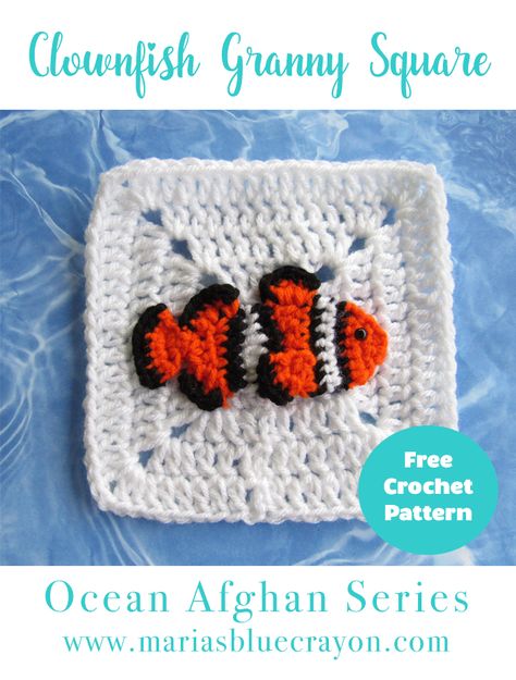 Clownfish Granny Square | Clowfish Applique | Ocean Afghan Series | Free Crochet Pattern Blue Crayon, Crochet Fish, Granny Square Pattern, Clownfish, Afghan Pattern, Crochet Square Patterns, Granny Squares Pattern, Crochet Motifs, Granny Square Crochet Pattern