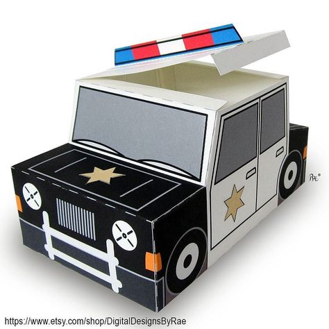 Plucky Police Car Printable http://ift.tt/2maBUGG #giftbox #printable #police #sheriff #copcar #blacknwhite #box #papercraft #gift Gift Box Printable, Cardboard Box Car, Valentine Card Box, Box Centerpiece, Police Party, Box Printable, Color Template, Police Birthday, Box Print