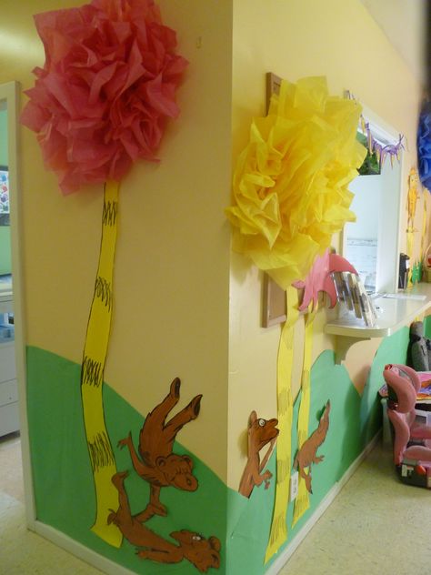 The Lorax Hallway Decorations, Dr Seuss Truffula Trees Diy, How To Make Lorax Trees, Dr Seuss Truffula Trees, Birthday Boards Classroom Preschool, Dr Seuss Decorations, Lorax Trees, Lorax Birthday, Lorax Party