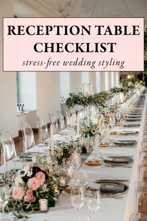 Use This Wedding Reception Table Checklist for Stress-Free Styling Reception Checklist, Reception Table Layout, Wedding Reception Checklist, Reception Place Settings, Simple Wedding Reception, Decor Checklist, Reception Table Settings, Wedding Reception Table Decorations, Wedding Reception Design