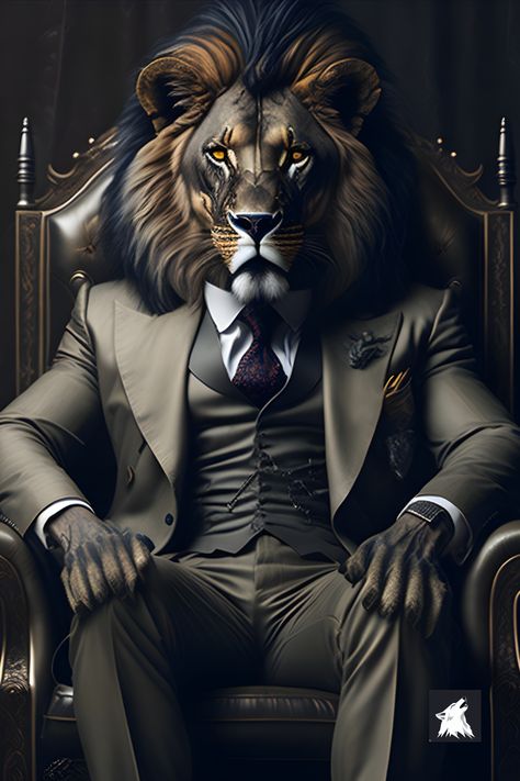 This art piece created by ai Leonardo.ai is a captivating fan art inspired by the iconic movie The Godfather. It features a full body illustration of a lion sitting on a chair, wearing an Italian 1900 suit. The lion looks confident and regal, with a stern expression on its face. The details of the suit, such as the pinstripes and pocket square, add to the overall sophistication of the character. The overall result is a captivating and impressive work of art. Suit Art, Lion Illustration, Lion Costume, Lion Wallpaper, Lion Images, Animal Portraits Art, Image Swag, Wild Wolf, Lion Design