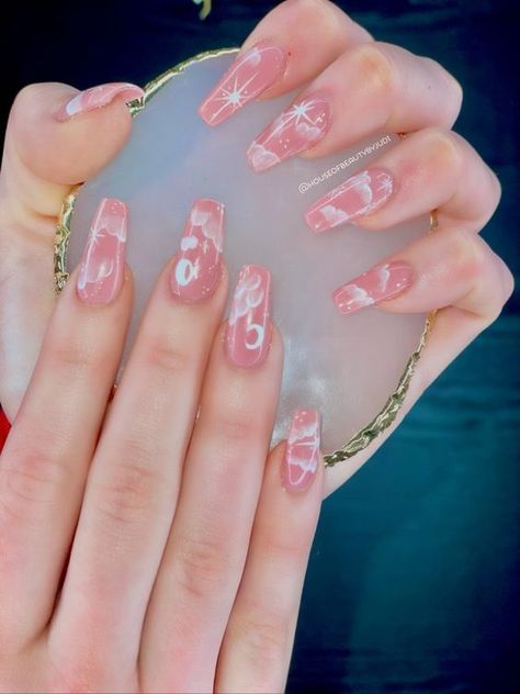 Pink Cloud Nails Cloud And Moon Nails, Pink Cloud Nails, Nails Clouds, Nails Moon, Nails With Hearts, Cloud Nails, Ballerina Coffin, New Year Nails, Usa Nails