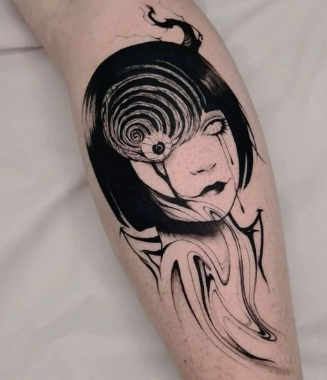 Gory Tattoos For Women, Gothic Anime Tattoo, Manga Style Tattoo, Tomie Junji Ito Tattoo, Dark Anime Tattoo, Tattoo Old School Black, No Face Tattoo, Scary Tattoo Ideas, Gore Tattoo