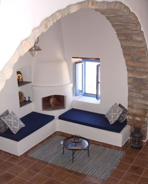 Livingroom with fireplace. View of town and Kastro from all windows Fireplace In Between Two Windows, Greek Fireplace, Greek Style Home, Modern Southwest Decor, Greek Decor, Earthy Home, Rustic Kitchen Design, Dome House, Western Homes