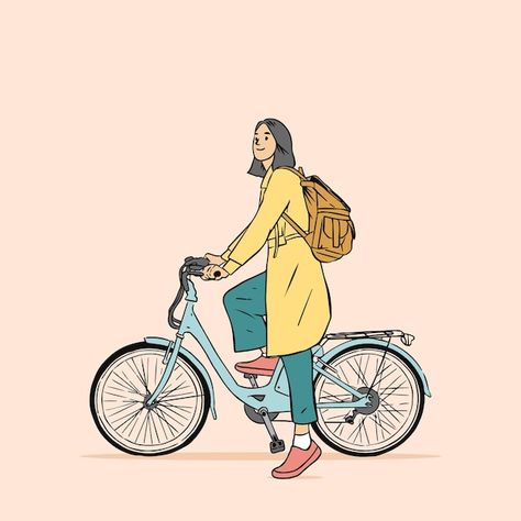 Riding A Bike Drawing, Biking Drawing, Riding Bike Illustration, Riding Bicycle Illustration, Woman Riding Bike, Storefront Illustration, Girl Riding Bike, Ink Tober, Bicycle Drawing