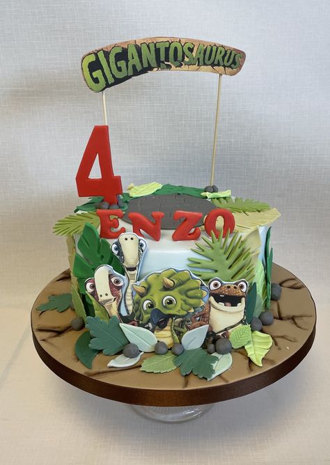 Gigantosaurus themed 4th birthday cake with space left on top for customer to add their own character model Gigantosaurus Birthday Cake, 4th Birthday Cake, Own Character, 4th Birthday Cakes, Travel Tshirt, Leo Birthday, Character Model, Bullet Journal Doodles, Boy Birthday Party