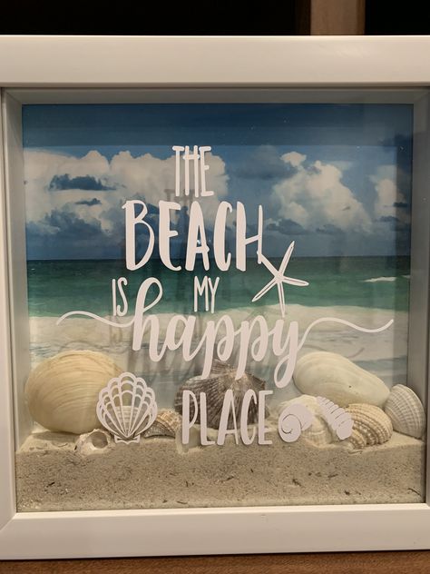 Bathroom Shadow Box Ideas, Beach Crate Ideas, Make Shadow Box Diy, Beach Cricut Projects, Beach Cricut Ideas, Cricut Beach Projects Gift Ideas, Shadow Boxes Cricut, Seashell Shadow Box Ideas, Dollar Tree Shadow Box Diy