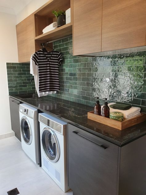 Beautiful green tiles with black and timber laundry under bench washing machine Laundry Green Tiles, Green Backsplash Laundry Room, Green Tile Laundry Room, Laundry Tiles Backsplash, Green Tile Laundry, Timber Laundry, Green Laundry Room Ideas, Laundry Reno, Green Tile Backsplash