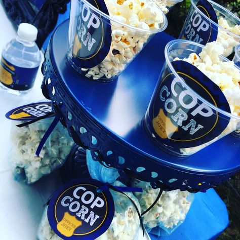 Finishing touches for babes party !! 😏😎🚓🚔  ✔️Cop Corn  ✔️Donut Drink & Drive  ✔️Congrats Water  ✔️Keep Calm we've got Your 6   #JB #philadelphiapolicedepartment #PPD #soproudofmylove #alllivesmatter Cop Birthday Party, Cop Themed Party, Cop Graduation Party, Police Desserts, Police Academy Graduation Party Ideas, Police Graduation Party Ideas, Police Banquet, Police Retirement Cake, Police Graduation Party