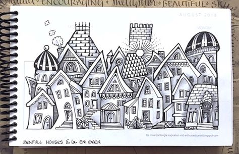 Zentangle Houses Doodles, Zentangle Houses, House Doodle, Eni Oken, Zen Doodle Patterns, Zentangle Artwork, Watercolor Architecture, Tangle Art, Tangle Patterns