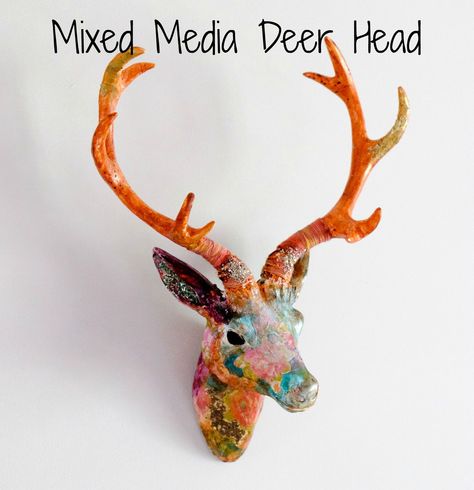 Mixed Media Deer Head Animal Head Wall, Paper Mache Animals, Taxidermy Art, Scrapbook Art, Faux Taxidermy, Adult Crafts, Deer Head, Mixed Media Projects, Mixed Media Art Journaling