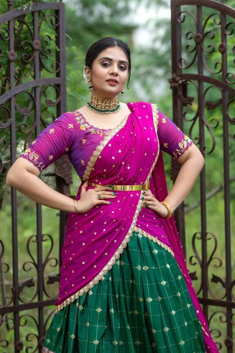 Half Saree Function, Bridal Sarees South Indian, Half Saree Lehenga, Lehenga Designs Simple, Half Saree Designs, Ethnic Looks, Lehenga Designs, Saree Dress