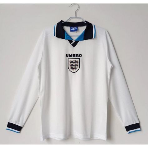 England Retro Soccer Jersey Home Long Sleeve Replica 1996 England Football Kit, England Kit, England National Team, England Homes, England Football, Retro Shirts, Slim Fit Shirt, Free Shirts, Soccer Jersey