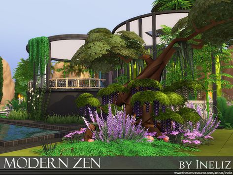 Ineliz's Modern Zen The Sims 4 Garden, Sims 4 Garden, House Sims 4, Zen House, Jungle Adventure, Sims 4 Build, Sims Community, Island Living, Outdoor Retreat