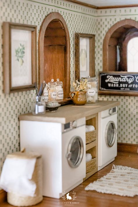 Miniature Dollhouse Laundry Room Ideas, Small Narrow Laundry Room, Small Narrow Laundry Room Ideas, Laundry Room Ideas With Sink, Laundry Room Makeover Small, Miniature Laundry Room, Dollhouse Hack, Dollhouse Laundry Room, Narrow Laundry Room Ideas