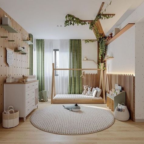 When you can’t take your child to the jungle, you bring the jungle to them. 🌴🐘🌳🦌 Nature-themed rooms are more than just decor; they’re an invitation for exploration and learning. Dive into these ideas that combine style and wonder, perfect for parents looking to find creative ways to keep the child occupied. #kidsroom #kidsroomdecor #naturetheme #SustainableDecor #natureinspiration #junglethemedecor Casa Open Space, Kids Rooms Inspo, Baby Boy Room Decor, Kids Bedroom Inspiration, Toddler Room Decor, Nursery Room Design, Baby Room Inspiration, Nursery Room Inspiration, Kids Interior Room