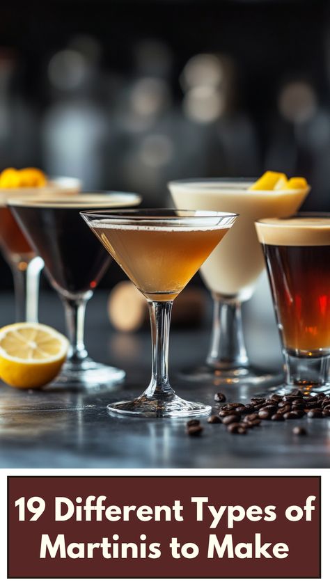 A selection of different types of martinis, including a classic dry martini and creative variations like espresso and lemon drop martinis, displayed on a table ready to serve. Types Of Martinis, Blood Orange Martini, Key Lime Martini, Breakfast Martini, Pomegranate Martini, Upscale Restaurant, Martinis Drinks, Lemon Drop Martini, Classic Martini