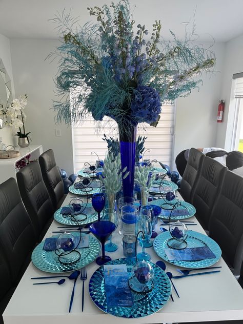 All blue everythinh for this dinner party setup Jessica Santos Events Navy Blue Dinner Party, All Shades Of Blue Party Decorations, Blue Party Decorations For Women, Shades Of Blue Decorations Party, 40 Shades Of Blue Birthday Party, Shades Of Blue Party Decorations, Shades Of Blue Birthday Party Ideas, 50 Shades Of Blue Birthday Party, Dad Party Theme