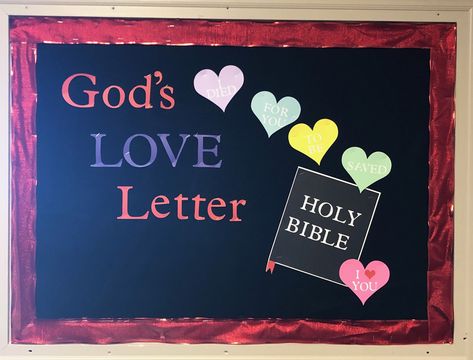 Valentine Bulletin Boards For Church, Church Valentines Decorations, Church Valentine Bulletin Board Ideas, Sunday School Valentines, Fall Church Bulletin Boards, Christian School Bulletin Boards, Catholic Bulletin Boards, Religious Bulletin Boards, Church Valentines