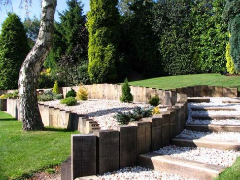 Railway Sleepers Railroad Ties Landscaping, Railway Sleepers Garden, Sleepers In Garden, Sloped Backyard Landscaping, Building A Retaining Wall, Garden Retaining Wall, Railway Sleepers, Sloped Backyard, Stone Steps