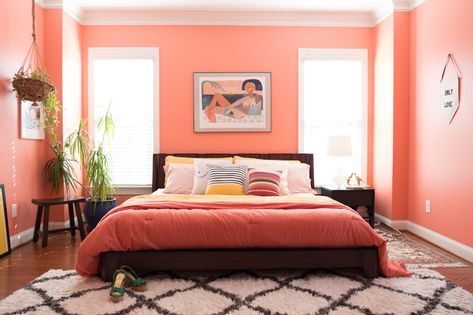 A North Carolina Family Home With a Gorgeous Rainbow Palette | A Cup of Jo Coral Room Ideas, Salmon Bedroom, Coral Room, Coral Bedroom, Ocean Room, Rainbow Palette, Cup Of Jo, Bedroom Wall Colors, Living Room Bookcase