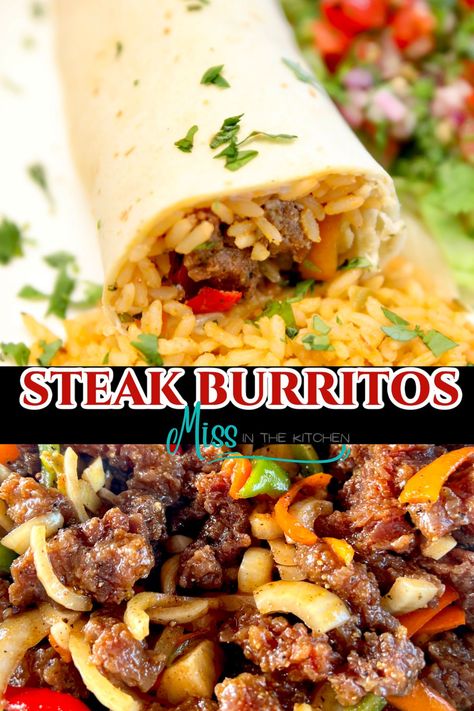 Grilled Steak Burritos, Steak And Rice Dinner Ideas, Burritos With Rice, Steak Burrito Recipe, Steak Burritos, Steak Peppers, Steak Burrito, Delicious Entrees, Burrito Recipes