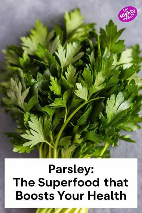 Close-up of vibrant fresh parsley leaves and stems bundled together against a gray background, showcasing the herb's natural health benefits. Parsley Health, Parsley Benefits, Making Tea, Vitamin K, Wellness Routine, How To Make Tea, Vitamin A, Fresh Parsley, My Garden